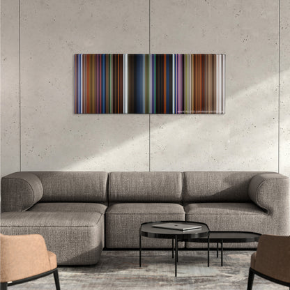 How to Train Your Dragon: The Hidden World color palette canvas on a concrete wall above a gray sectional sofa