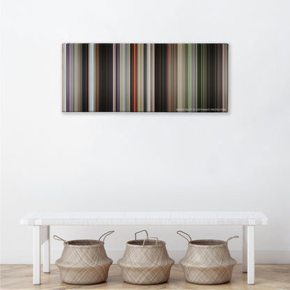 End of Watch color palette canvas above a white bench with three woven baskets