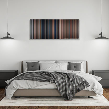 National Lampoon's Christmas Vacation color palette canvas above a bed, between two black pendant lamps