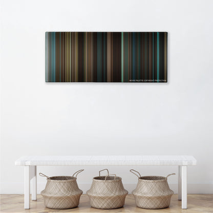 Disturbia color palette canvas above a white bench with three woven baskets
