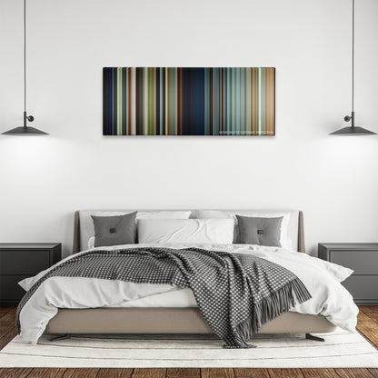 The Vow color palette canvas above a bed, between two black pendant lamps