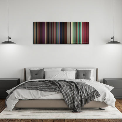 Dirty Dancing color palette canvas above a bed, between two black pendant lamps