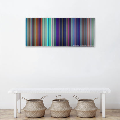 Shark Tale color palette canvas above a white bench with three woven baskets