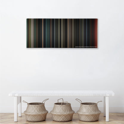 Evil Dead color palette canvas above a white bench with three woven baskets