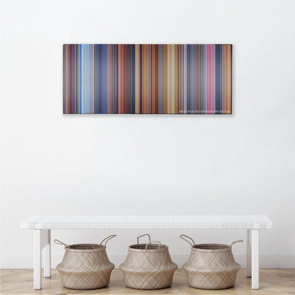 Austin Powers: International Man of Mystery color palette canvas above a white bench with three woven baskets