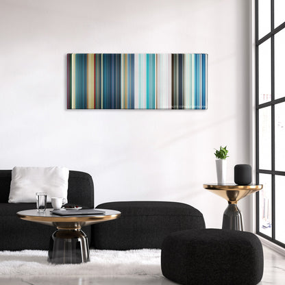 The Meg color palette canvas above a black sofa with a gold-topped table