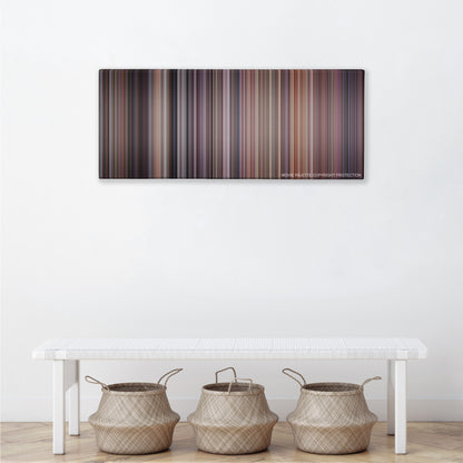 The Fugitive color palette canvas above a white bench with three woven baskets