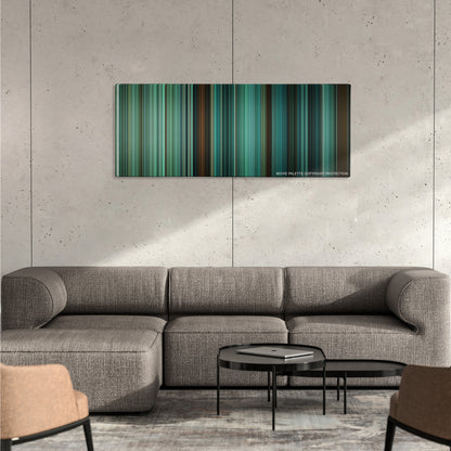 Twilight color palette canvas on a concrete wall above a gray sectional sofa