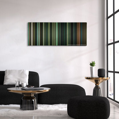 Doctor Sleep color palette canvas above a black sofa with a gold-topped table