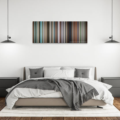 Harold & Kumar Go to White Castle color palette canvas above a bed, between two black pendant lamps