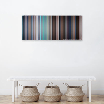Mary Poppins color palette canvas above a white bench with three woven baskets