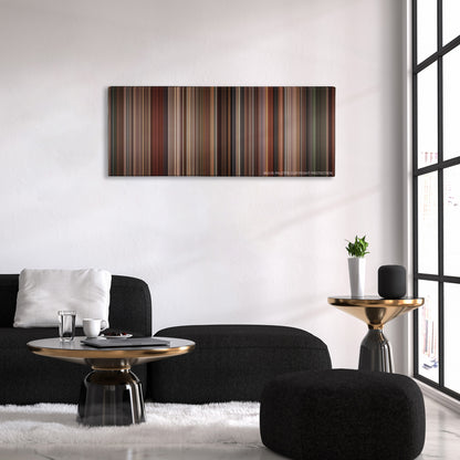 500 Days of Summer color palette canvas above a black sofa with a gold-topped table