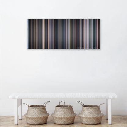 Cinema Paradiso color palette canvas above a white bench with three woven baskets