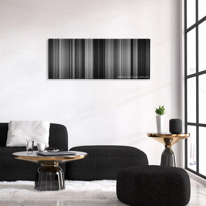 Double Indemnity color palette canvas above a black sofa with a gold-topped table