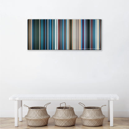 Aquaman color palette canvas above a white bench with three woven baskets