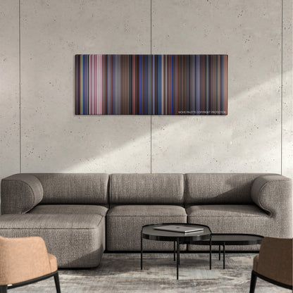 Scary Movie 2 color palette canvas on a concrete wall above a gray sectional sofa