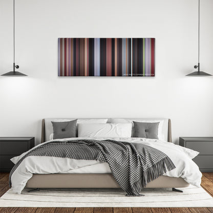 Dracula Untold color palette canvas above a bed, between two black pendant lamps
