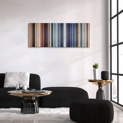 WALL*E color palette canvas above a black sofa with a gold-topped table