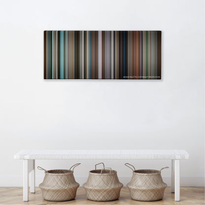 Harold & Kumar Go to White Castle color palette canvas above a white bench with three woven baskets