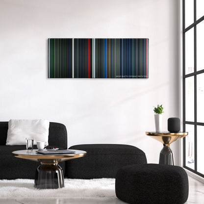 Pandorum color palette canvas above a black sofa with a gold-topped table