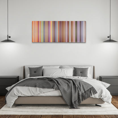 Bee Movie color palette canvas above a bed, between two black pendant lamps