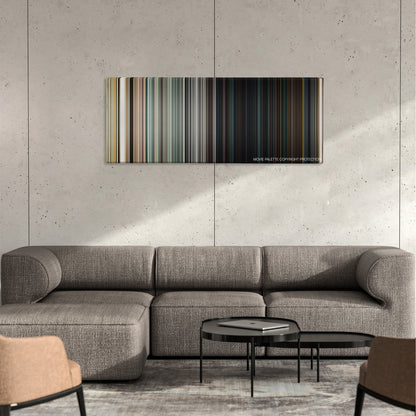 London Has Fallen color palette canvas on a concrete wall above a gray sectional sofa