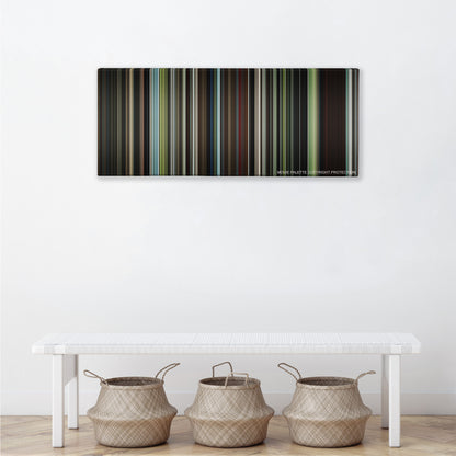 The Beach color palette canvas above a white bench with three woven baskets