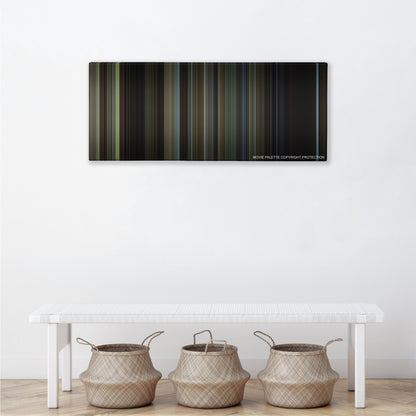 A History of Violence color palette canvas above a white bench with three woven baskets