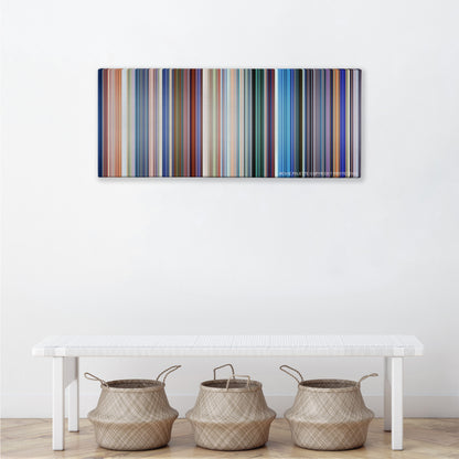 Monsters, Inc. color palette canvas above a white bench with three woven baskets