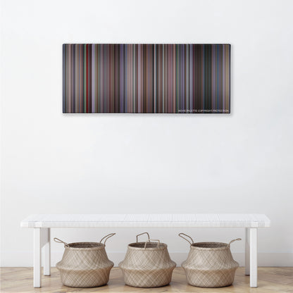 Amores Perros color palette canvas above a white bench with three woven baskets