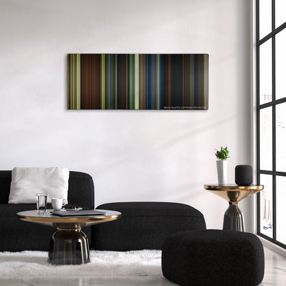 The Hobbit: An Unexpected Journey color palette canvas above a black sofa with a gold-topped table