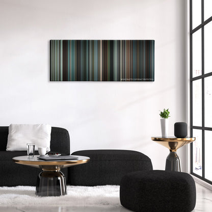 State of Play color palette canvas above a black sofa with a gold-topped table