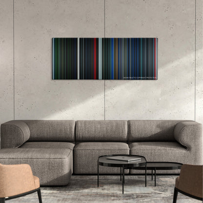Pandorum color palette canvas on a concrete wall above a gray sectional sofa