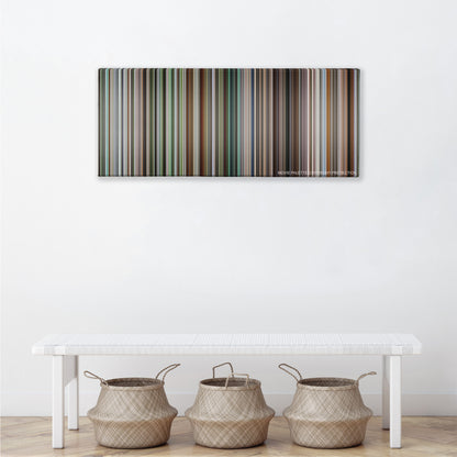 21 Grams color palette canvas above a white bench with three woven baskets