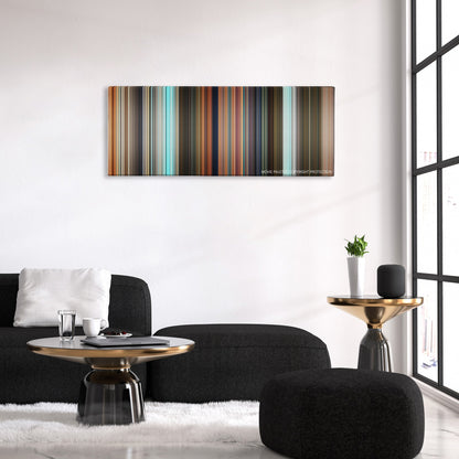 Robots color palette canvas above a black sofa with a gold-topped table