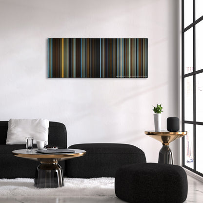 The Curious Case of Benjamin Button color palette canvas above a black sofa with a gold-topped table
