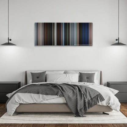 Pirates of the Caribbean: The Curse of the Black Pearl color palette canvas above a bed, between two black pendant lamps