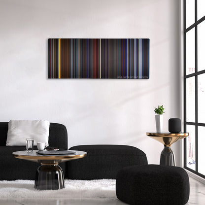 Star Trek II: The Wrath of Khan color palette canvas above a black sofa with a gold-topped table