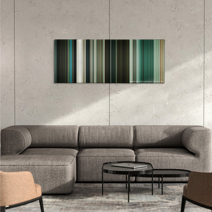 Pirates of the Caribbean: At World's End color palette canvas on a concrete wall above a gray sectional sofa