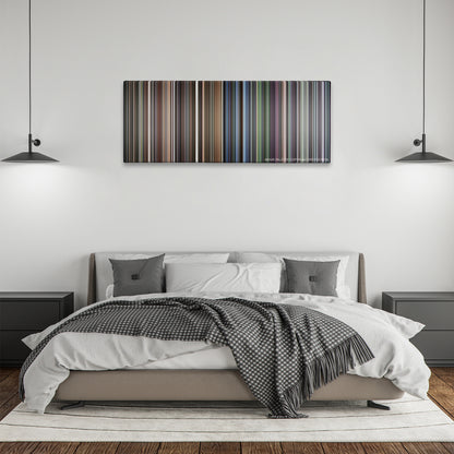 Requiem for a Dream color palette canvas above a bed, between two black pendant lamps