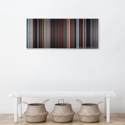Eternal Sunshine of the Spotless Mind color palette canvas above a white bench with three woven baskets
