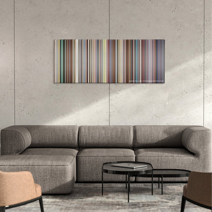 Bowling for Columbine color palette canvas on a concrete wall above a gray sectional sofa