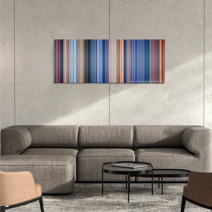 Terminator 2: Judgment Day color palette canvas on a concrete wall above a gray sectional sofa