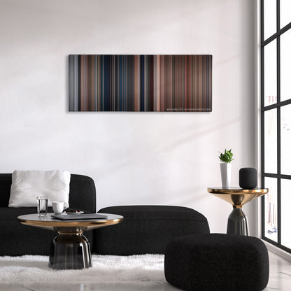 National Lampoon's Christmas Vacation color palette canvas above a black sofa with a gold-topped table