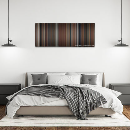 In the Name of the Father color palette canvas above a bed, between two black pendant lamps