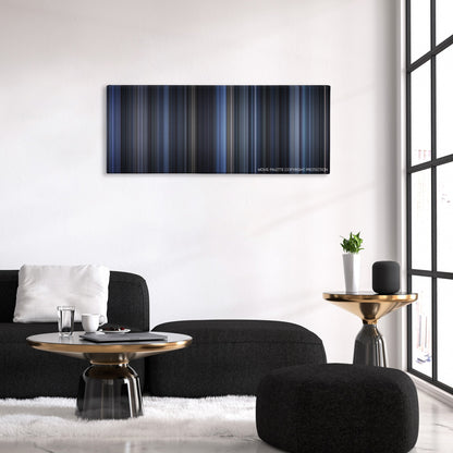 Payback color palette canvas above a black sofa with a gold-topped table
