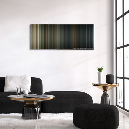 The Texas Chainsaw Massacre color palette canvas above a black sofa with a gold-topped table