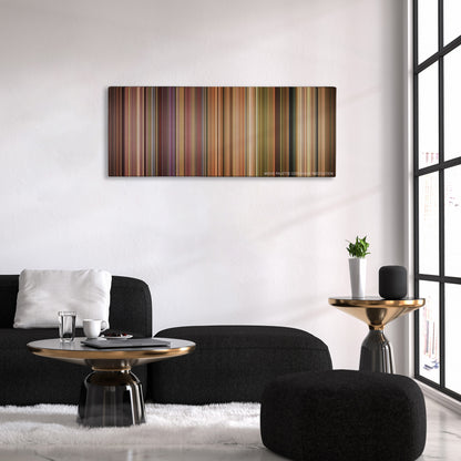American Wedding color palette canvas above a black sofa with a gold-topped table