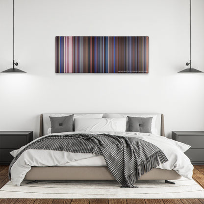 Scary Movie 2 color palette canvas above a bed, between two black pendant lamps