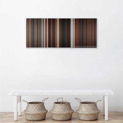 The Tourist color palette canvas above a white bench with three woven baskets